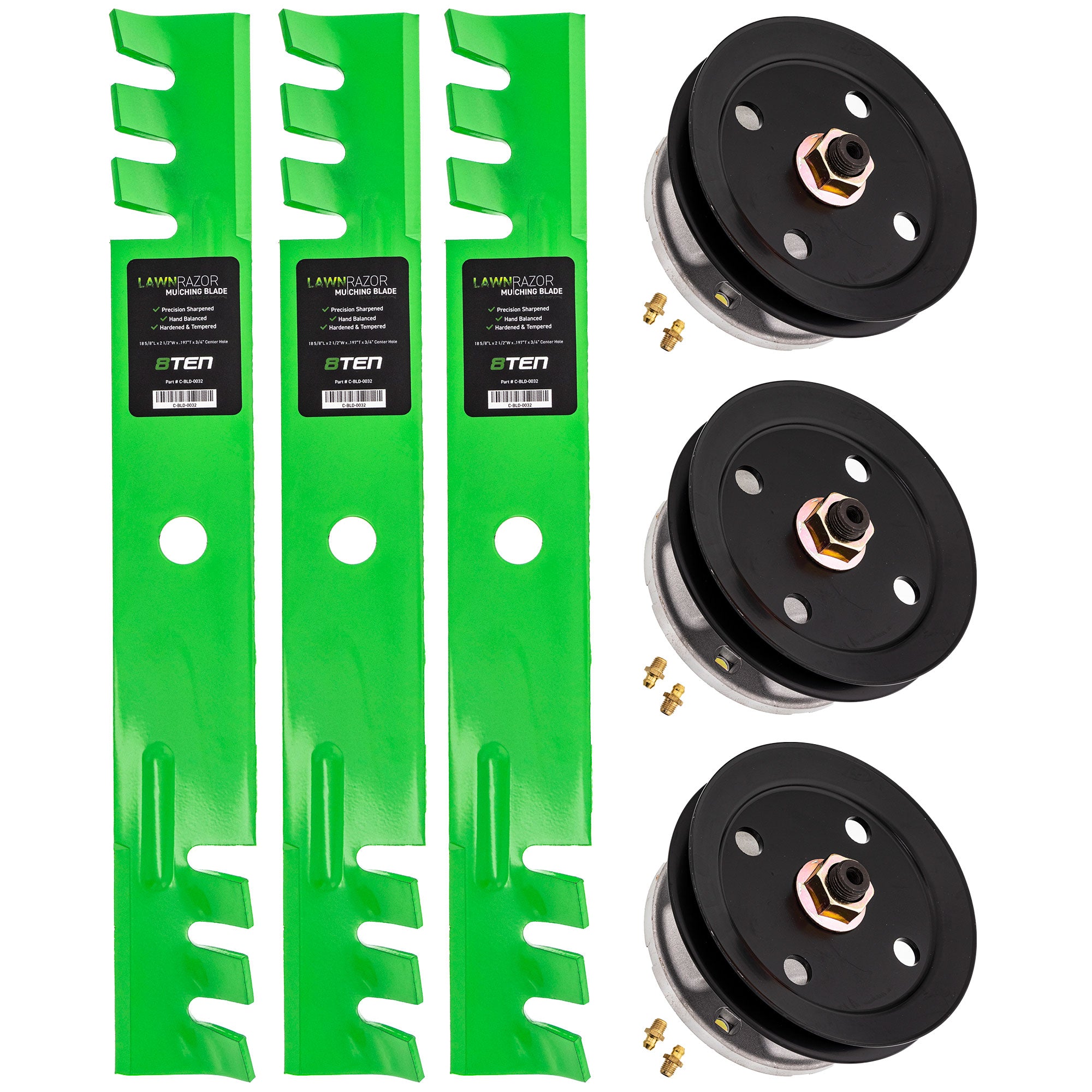 Deck Spindles & Mulching Blades Kit for zOTHER Stens Rotary Oregon MTD Cub Cadet Troy-Bilt 8TEN MK1002202