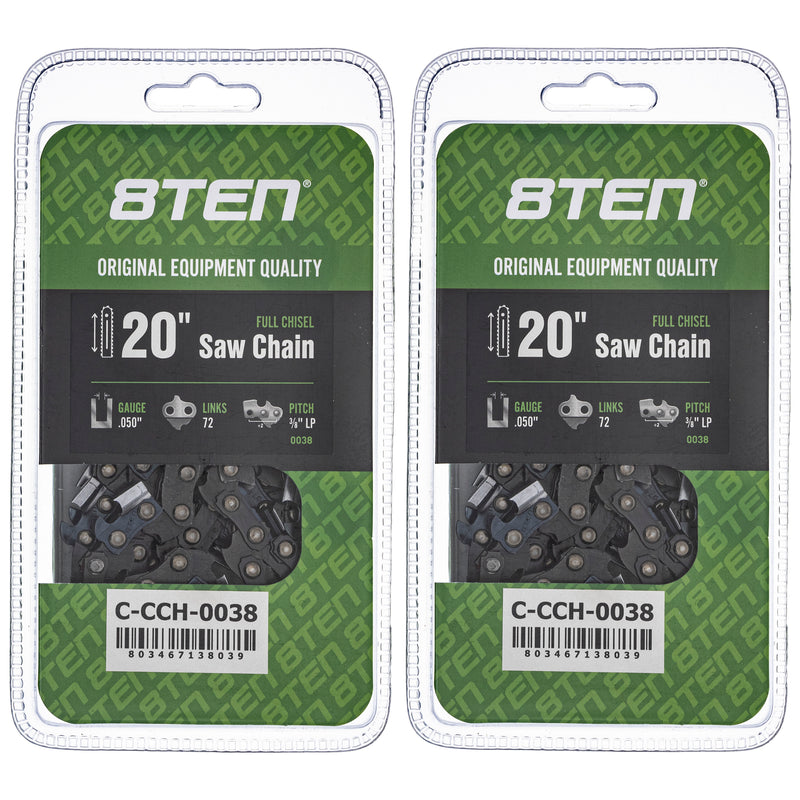 Chainsaw Chain 20 Inch .050 3/8 LP 72DL 2-Pack for zOTHER Stens Oregon Husqvarna Poulan 8TEN 810-CCC2250H