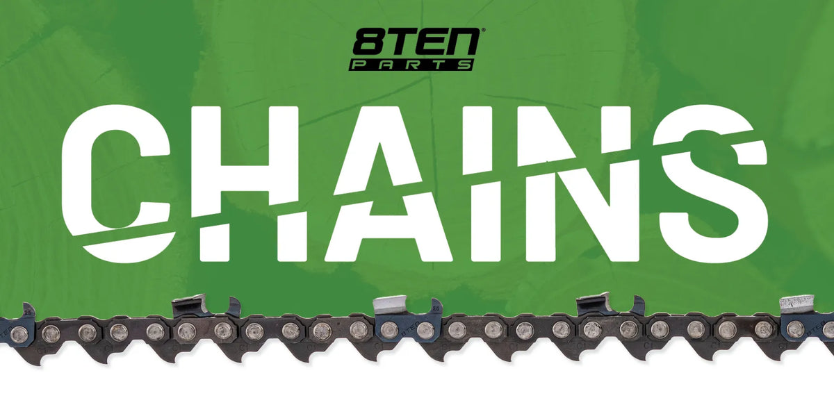 Chainsaw chain image under the word Chains with green background.